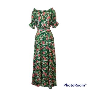 Flying Tomato Green and Pink Off Shoulder Floral Two Piece Maxi Dress Size S NEW